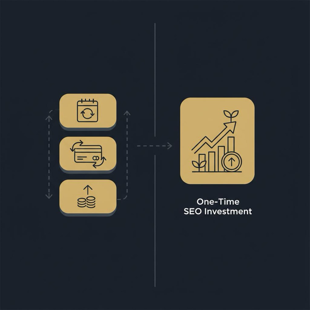 Minimal 2D vector infographic comparing recurring ad spend flows and one time seo stands for investment using navy background and warm gold accents
