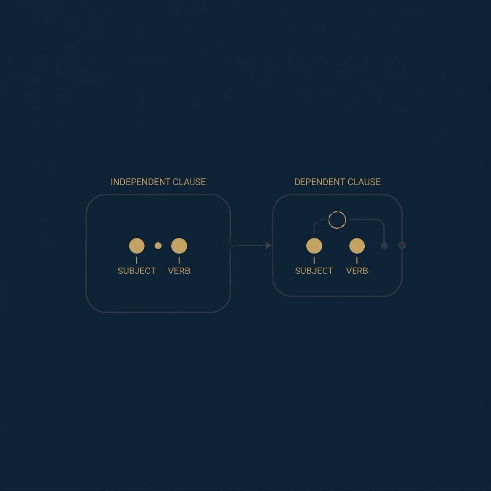 rewrite infographic showing independent and dependent clause icons on dark navy background with minimal gold labels and dark gray connectors