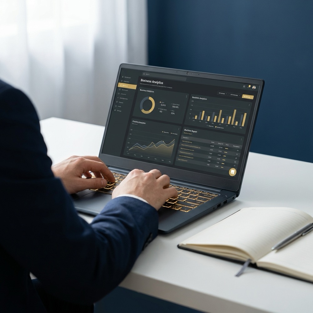 Marketing operator reviewing mozrank dashboard exports on laptop showing analytics charts and backlink reports, clean navy background and warm gold accents