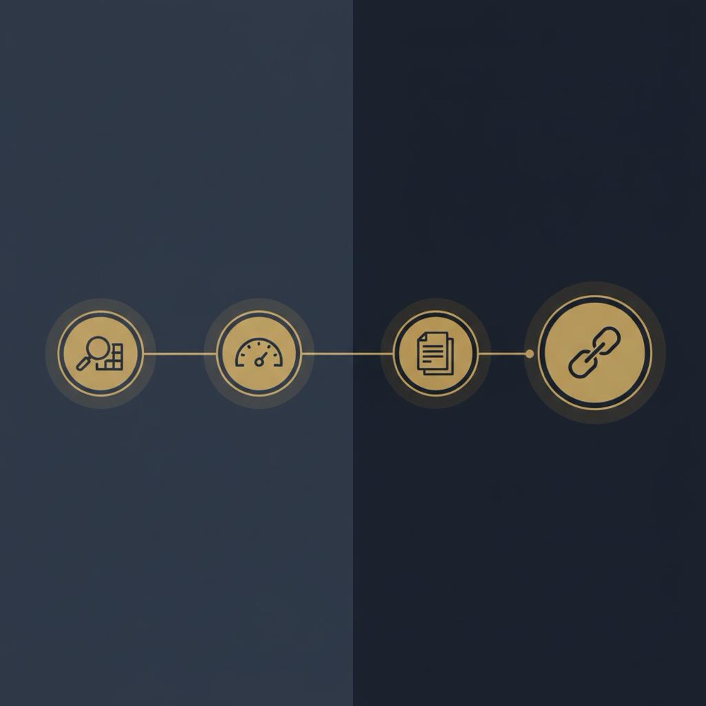 Minimal 2D vector timeline infographic showing short-term vs long-term SEO steps (crawl audit, Core Web Vitals, content, links) for website ranking score benchmark.