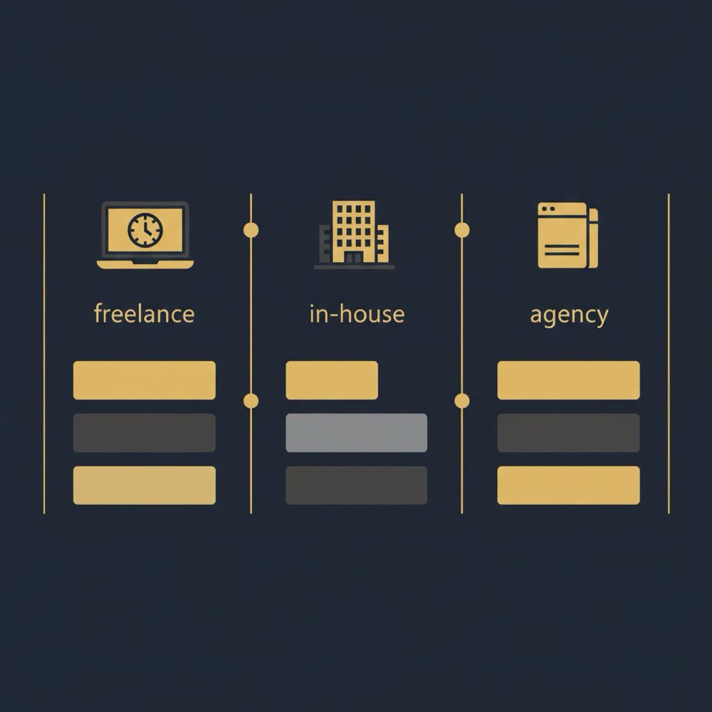 Minimal 2D vector infographic comparing freelance, in-house, and agency pay bands with icons and small unlabeled bar charts on a dark navy background - how much do SEO experts make