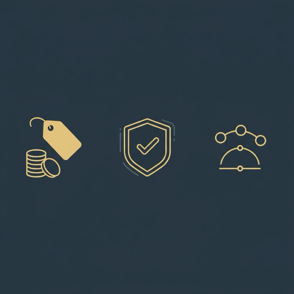 Minimal 2D vector infographic with pricing icon vendor vetting shield and a three step timeline representing thirty to ninety days in Orvus Ltd brand colors for seo services provider