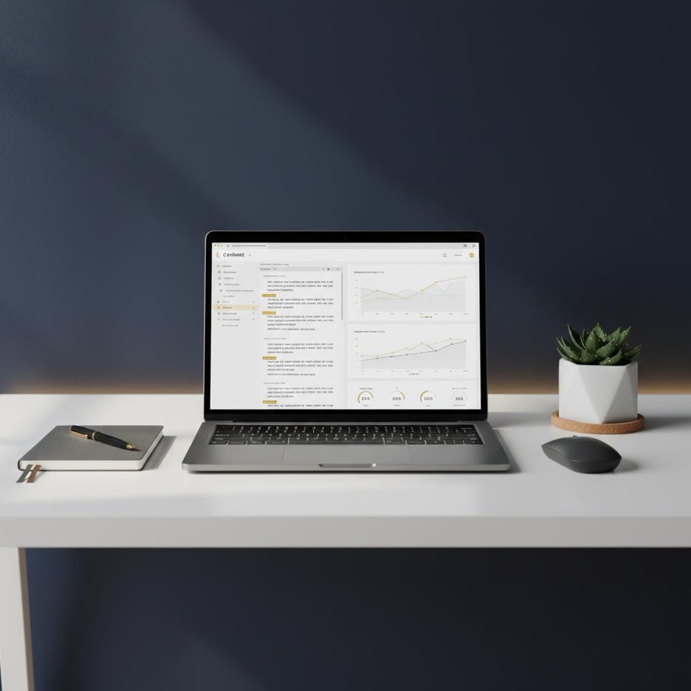 Minimalist workspace with laptop showing content editor and Search Console charts, illustrating onpage SEO examples; navy #0B1E33 with gold #C8A45D accents.