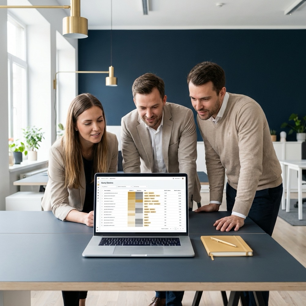 Small team reviewing query clusters on a laptop in a clean minimalist office for keyword search engine analysis with Orvus Ltd color palette