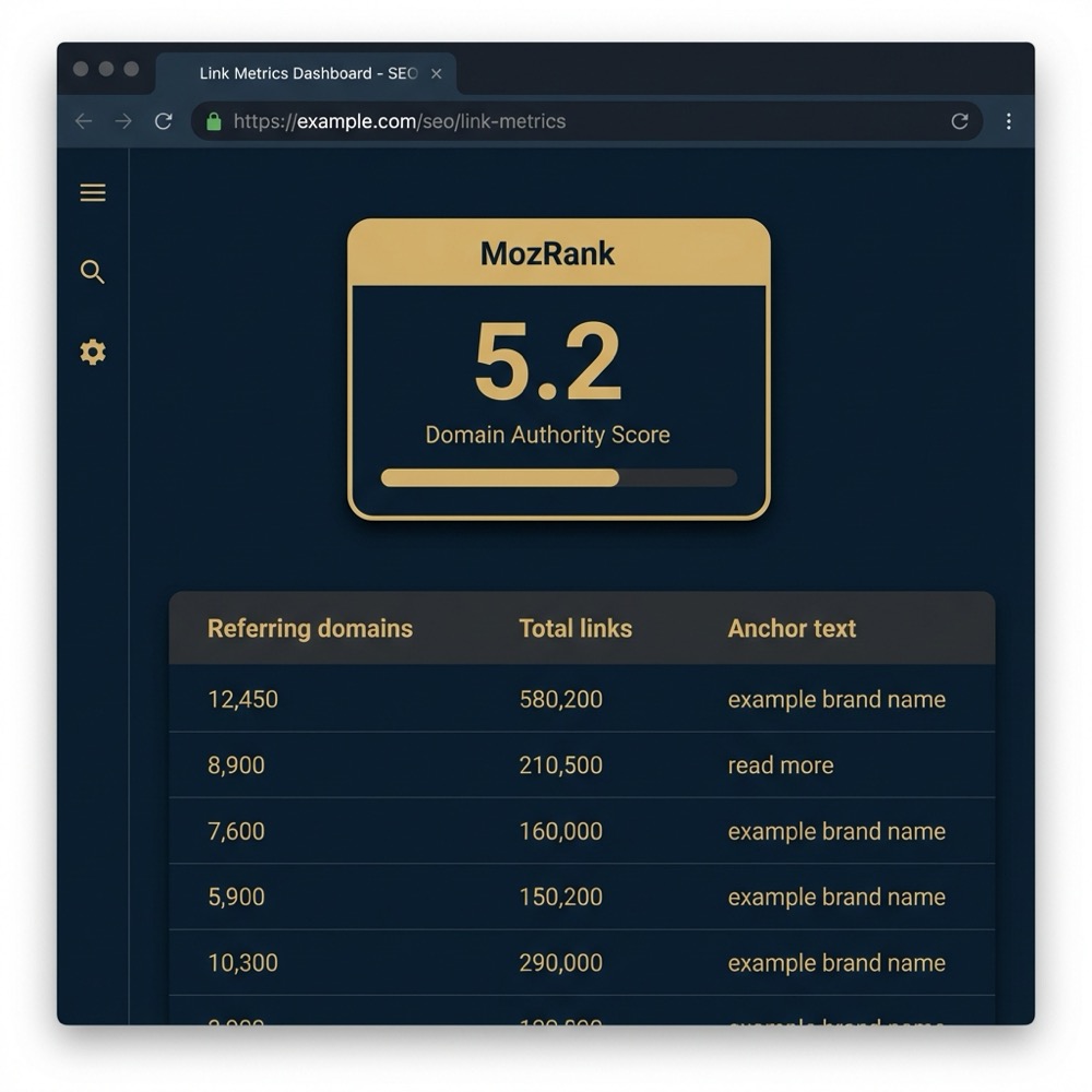 Screenshot style browser toolbar and minimalist SEO dashboard showing link metrics with a highlighted mozrank metric in brand colors background 0B1E33 secondary C8A45D accent 2E3237