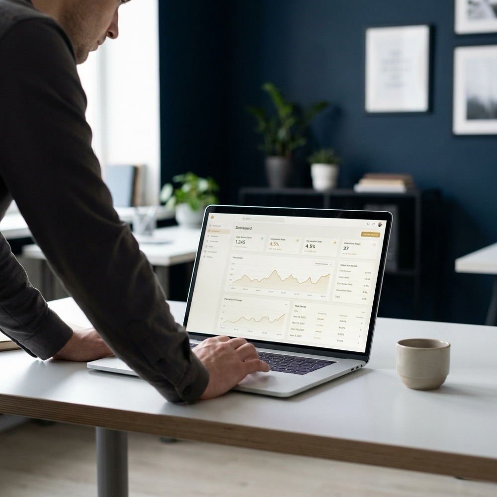 Operator reviewing dashboard on laptop showing cms seo metrics charts and KPI cards on a minimalist navy workspace with Orvus Ltd brand colors