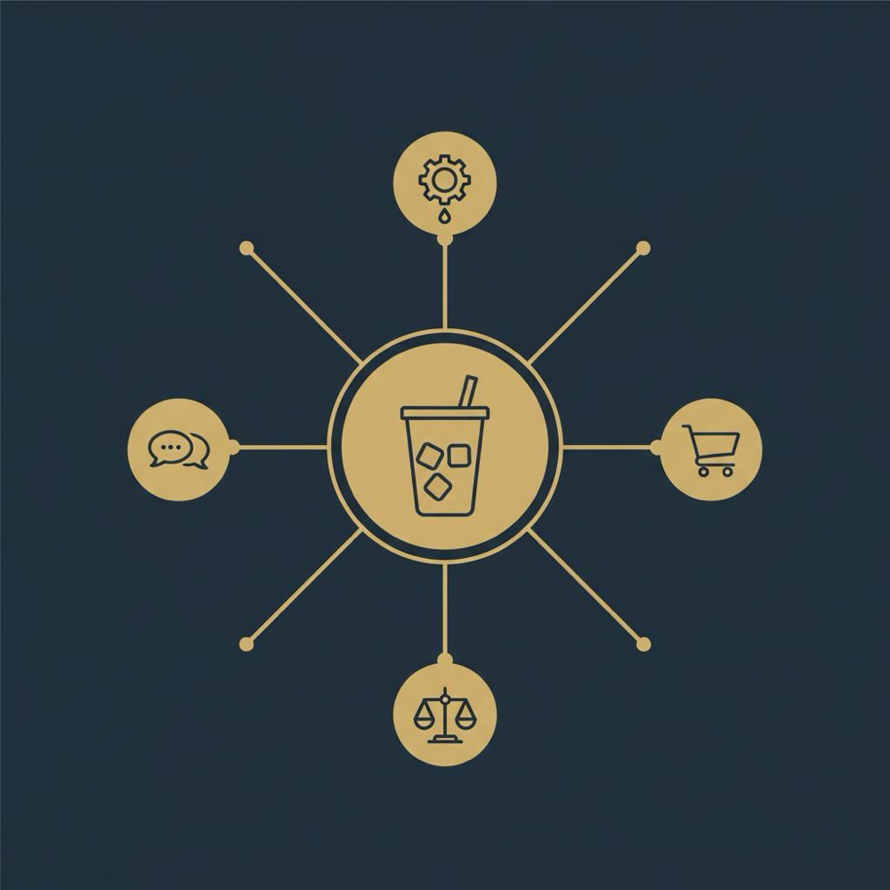 Minimalist 2D vector topic map for cold brew with a central cup icon and four icon-based branches (how-to, buy, compare, FAQ) on a #0B1E33 background.