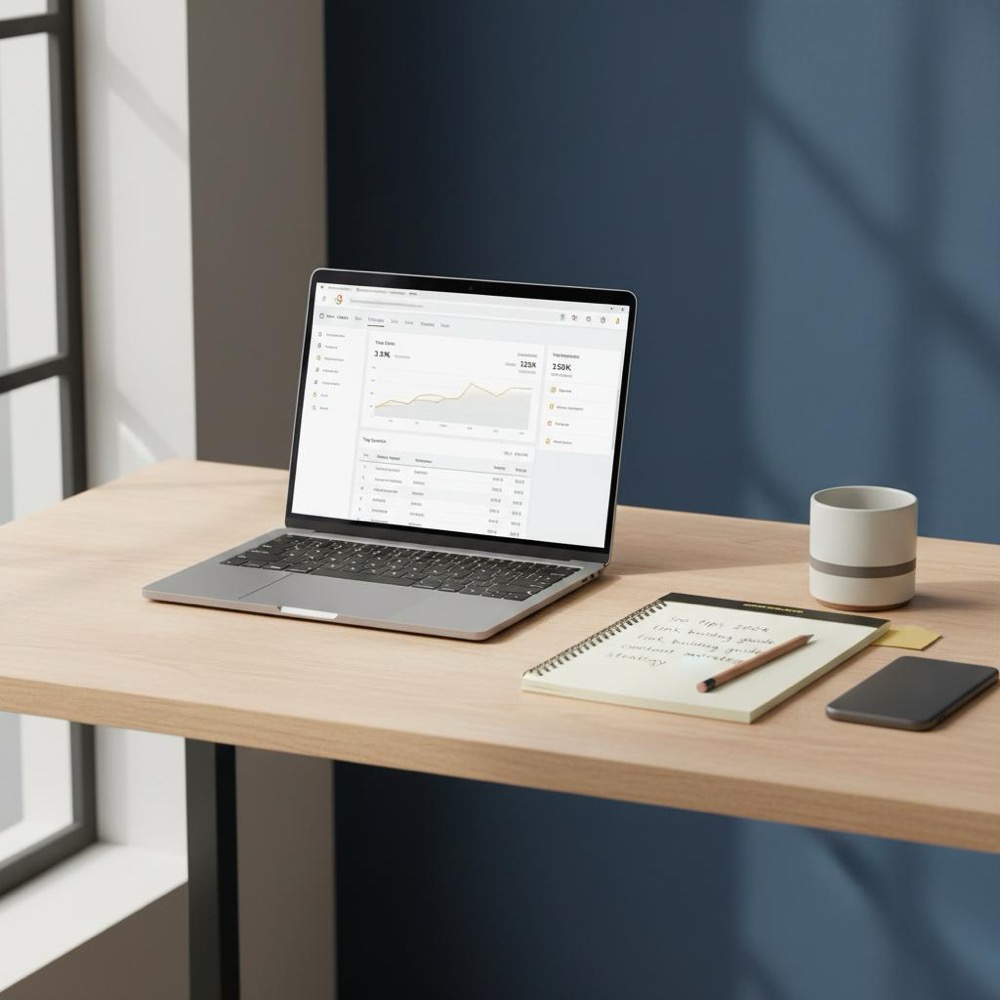 Minimal desk with laptop showing Search Console dashboard and notepad with keyword lists, natural light, Orvus Ltd color accents; is seo paid or unpaid