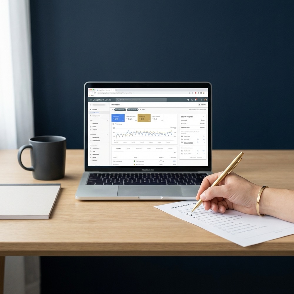 Minimalist workspace with laptop showing Google Search Console and a person annotating a checklist representing basic search engine optimization in navy and gold brand colors