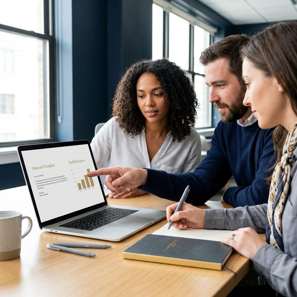 Small team reviewing outreach templates and backlink reports on a laptop in a minimalist office to plan how to get backlinks