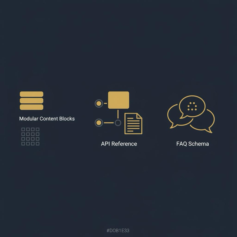 Minimal 2D vector infographic of modular content blocks, API reference, and FAQ schema on navy #0B1E33 background, designed for SEO for SaaS article.