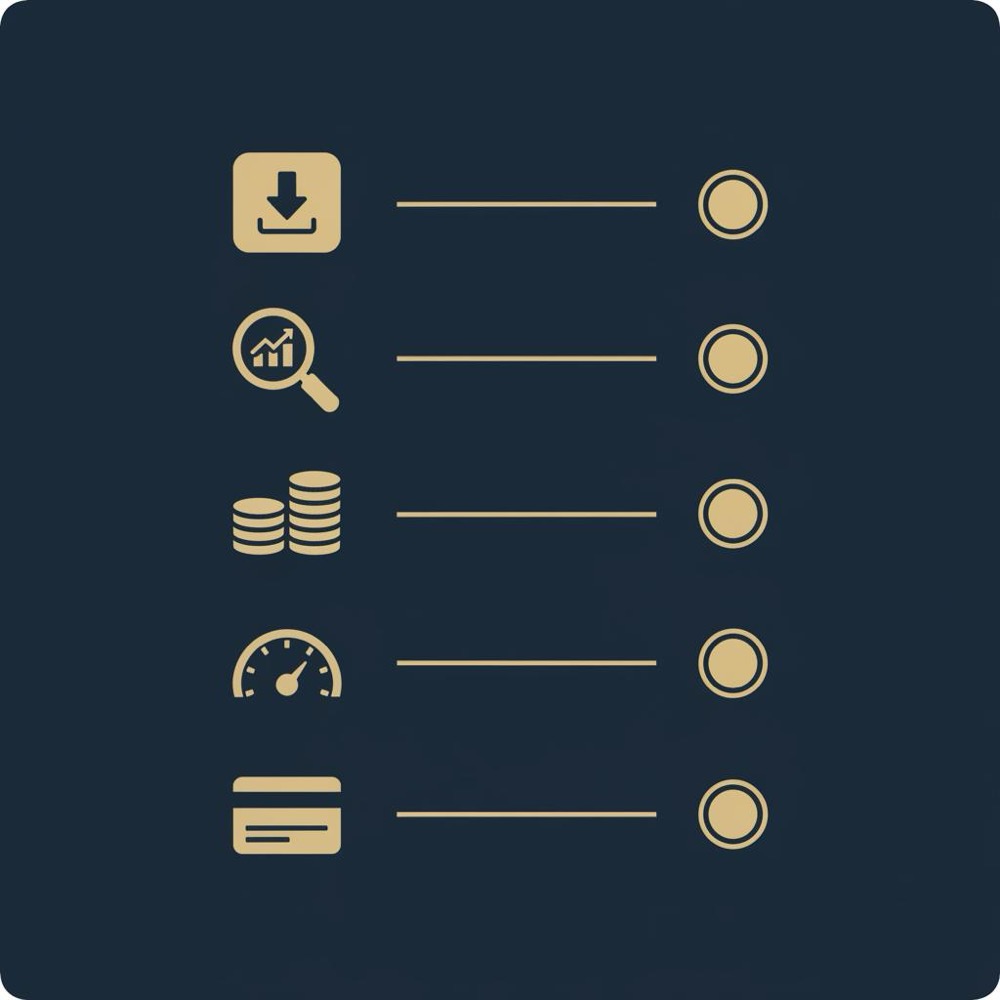 Minimalist 2D vector checklist infographic in Orvus Ltd. colors showing icons for exportability, SEO, cost, performance, memberships - best platform for blogging