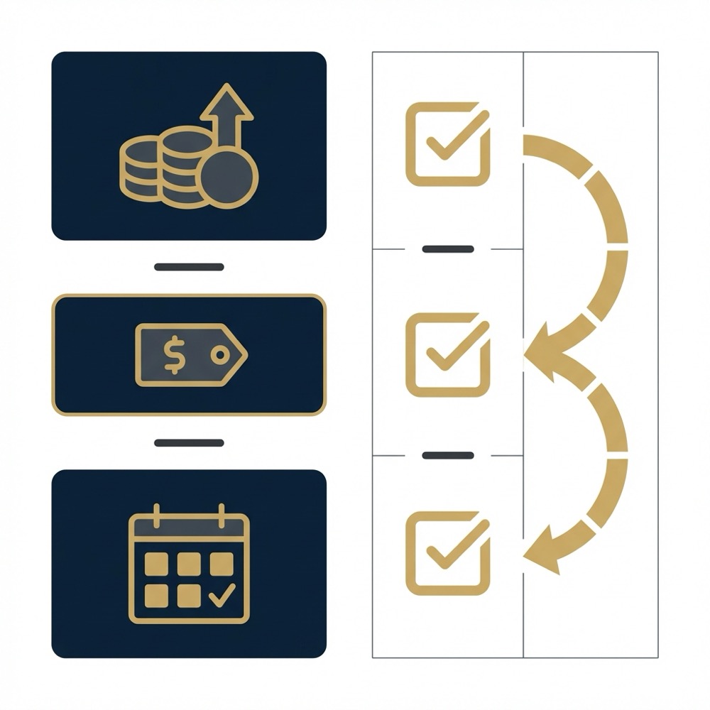 Minimalist 2D vector infographic showing icons for pricing models and a compact decision checklist in Orvus Ltd brand colors for seo company article