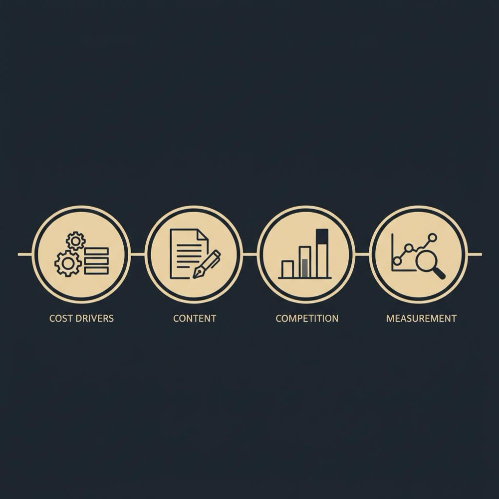 Minimalist 2D vector infographic showing four cost drivers technical debt content competition measurement for website seo services in Orvus Ltd brand colors dark blue background and muted gold icons
