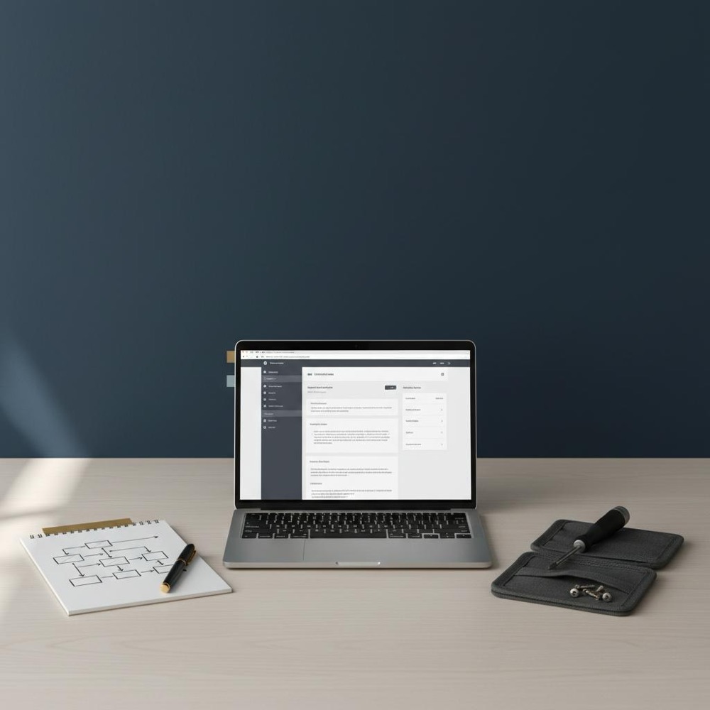 Minimalist workspace with laptop showing documentation, hand-drawn site-architecture notepad and small toolkit, muted tones and Orvus brand accents - SEO for SaaS