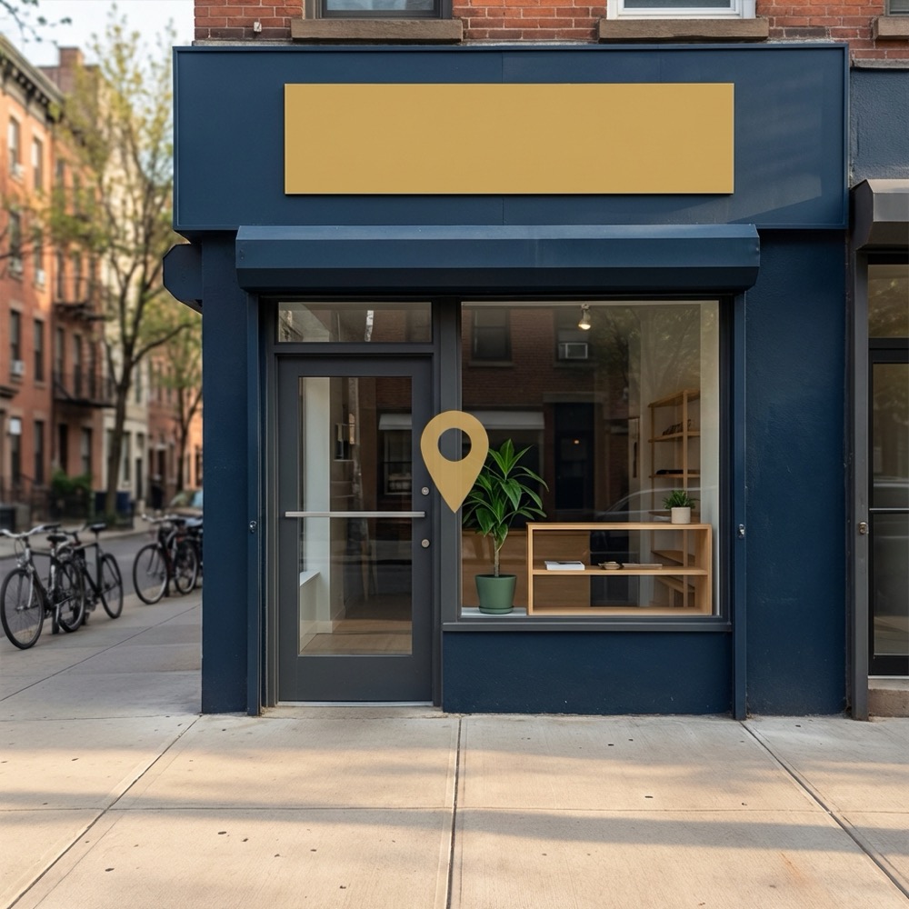 Minimalist small storefront with a subtle map pin overlay indicating local discovery seo near me on deep navy background with warm gold accents