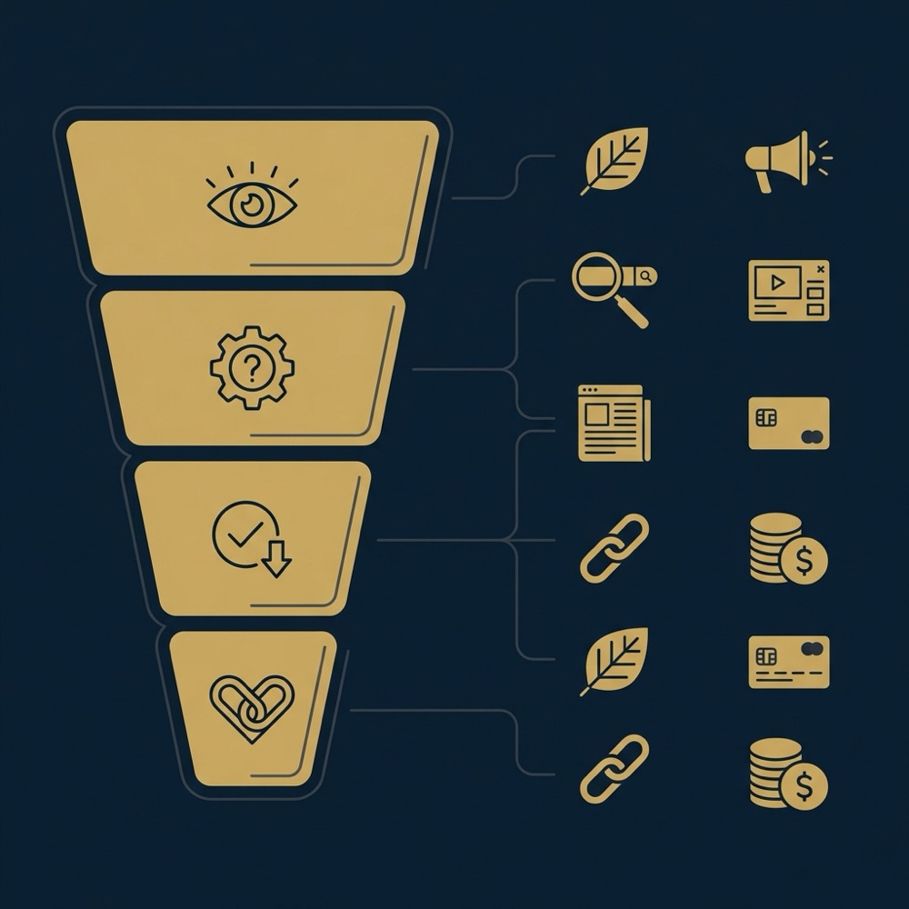 Minimal 2D vector infographic showing funnel stages linked to organic and paid tactic icons seo organic