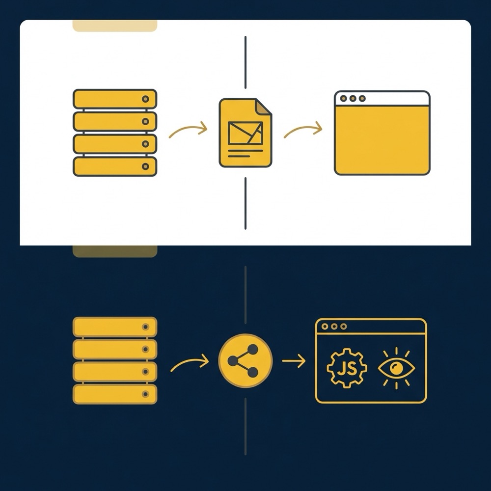 Minimal 2D vector infographic comparing server side rendering and client side rendering for cms seo, side by side icon flows on dark blue background