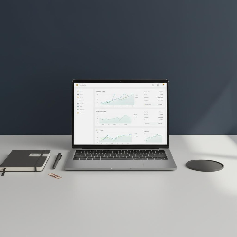 Minimalist workspace with laptop displaying an analytics dashboard, notebook labeled 'Pricing', and Orvus Ltd. brand accents in navy #0B1E33 and gold #C8A45D, illustrating seo salary.