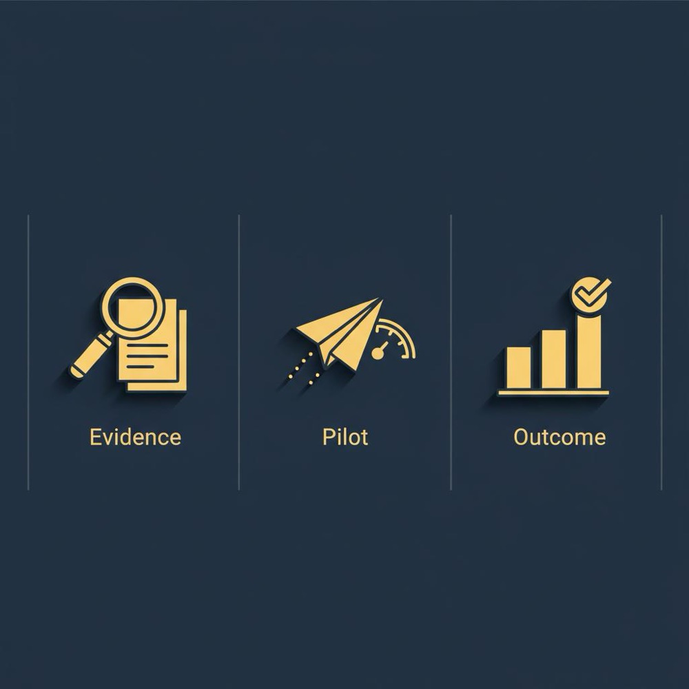 Minimal 2D vector infographic in Orvus Ltd. brand colors showing three icons for evidence, pilot, and outcome on a dark background, best at SEO