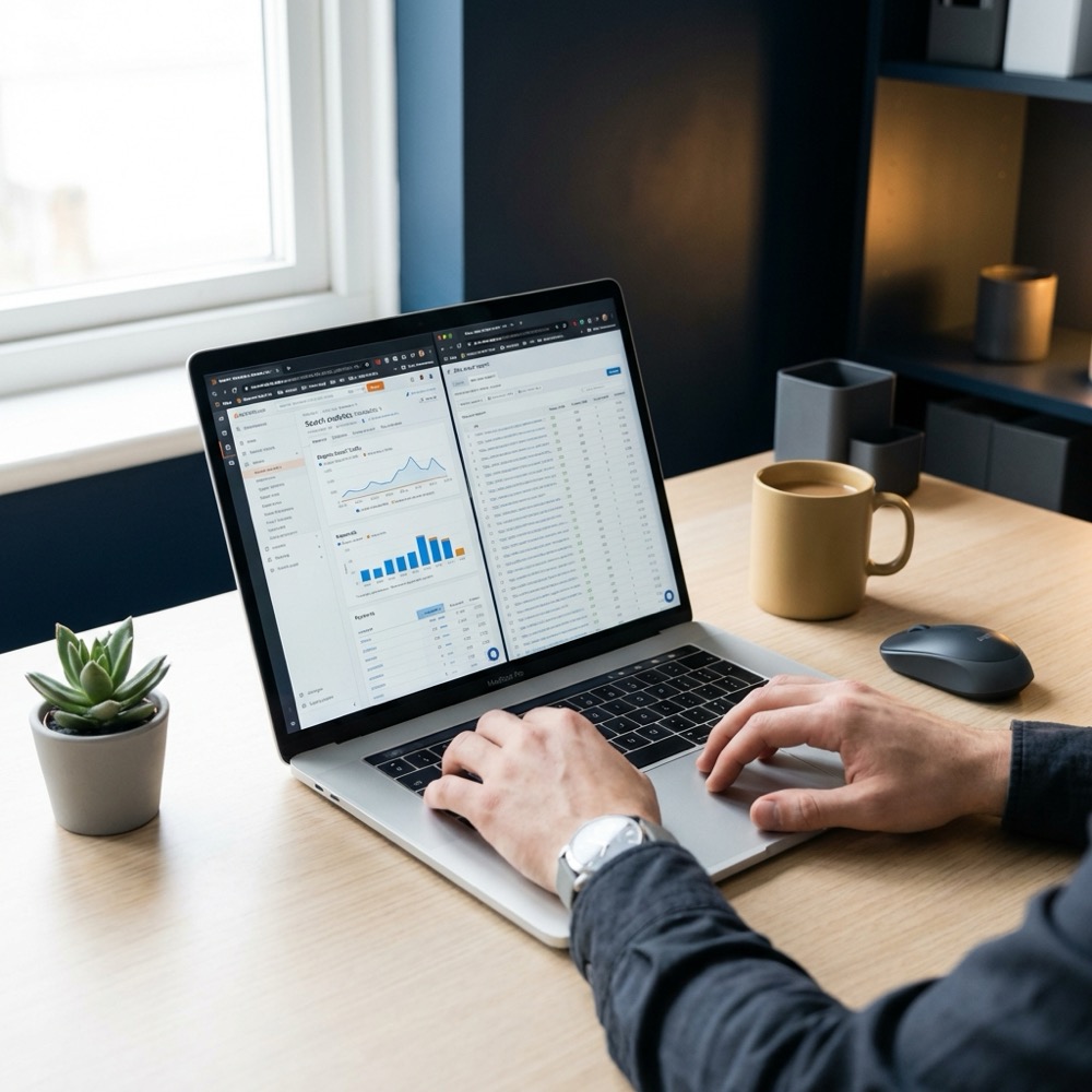 Person reviewing search analytics and site crawl report on a laptop in a minimalist navy office setting serp seo