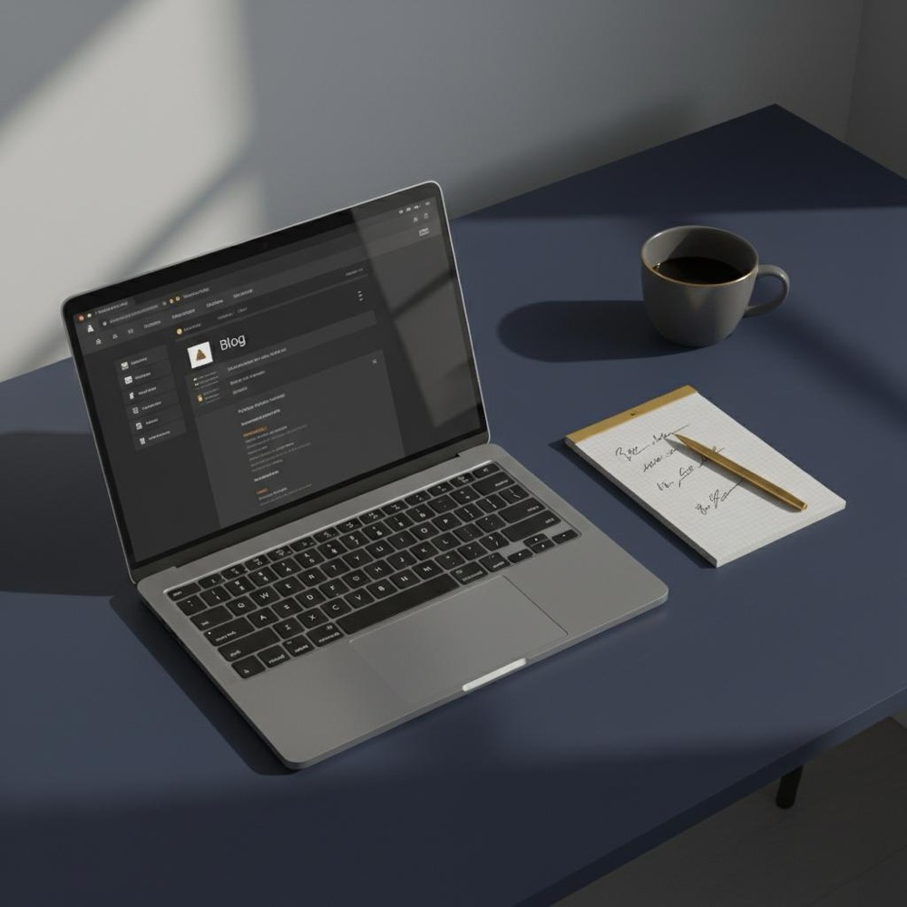 Minimalist editorial desk with laptop showing a blog editor, notepad, coffee cup and #C8A45D accents, visually representing three types of blogging