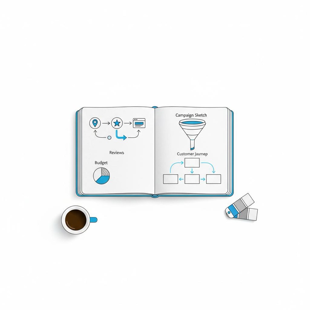 Minimal 2D vector sketchbook showing marketing flow diagrams (icons for local ads → reviews → website), color swatch fan and coffee cup in Orvus style - how can I advertise my painting business?