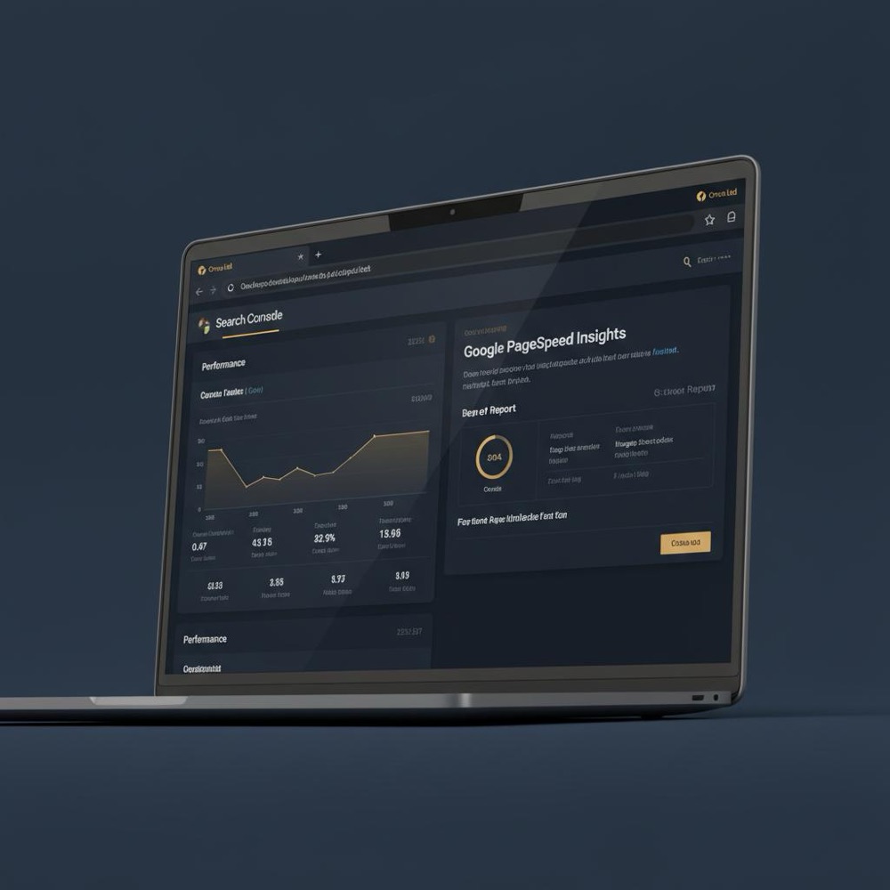 Close-up laptop screen showing Google Search Console and PageSpeed Insights dashboards with minimalist Orvus Ltd. colors #0B1E33 and #C8A45D, ideal for beginner seo.