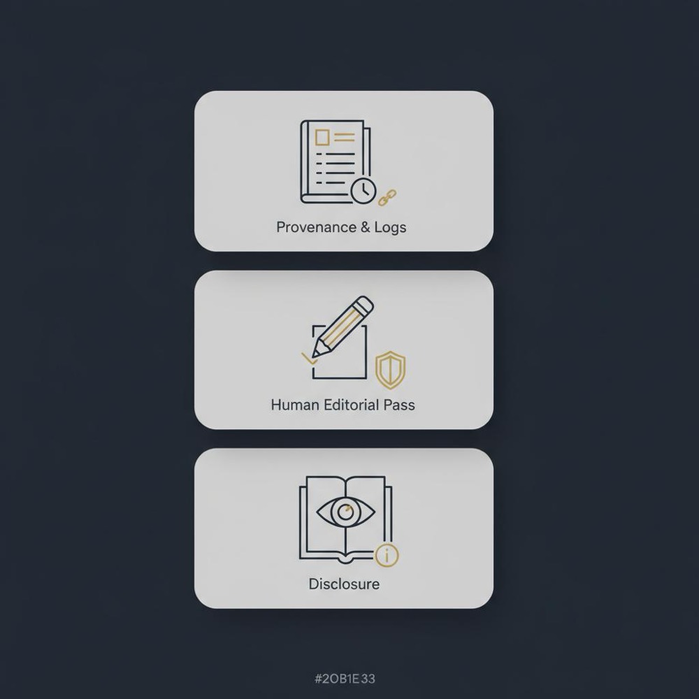 Minimal 2D vector infographic with three stacked panels showing icons for provenance &amp; logs, human editorial pass, and disclosure for AI copyright law.