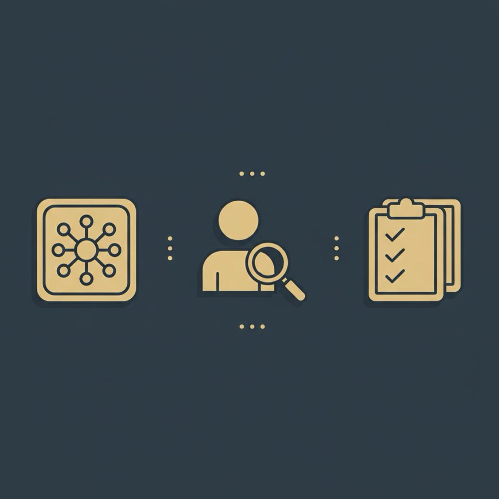Minimal 2D vector infographic showing a model icon, an abstract human reviewer avatar with magnifier, and an audit checklist on a #0B1E33 background in Orvus Ltd. colors - 30% rule for AI