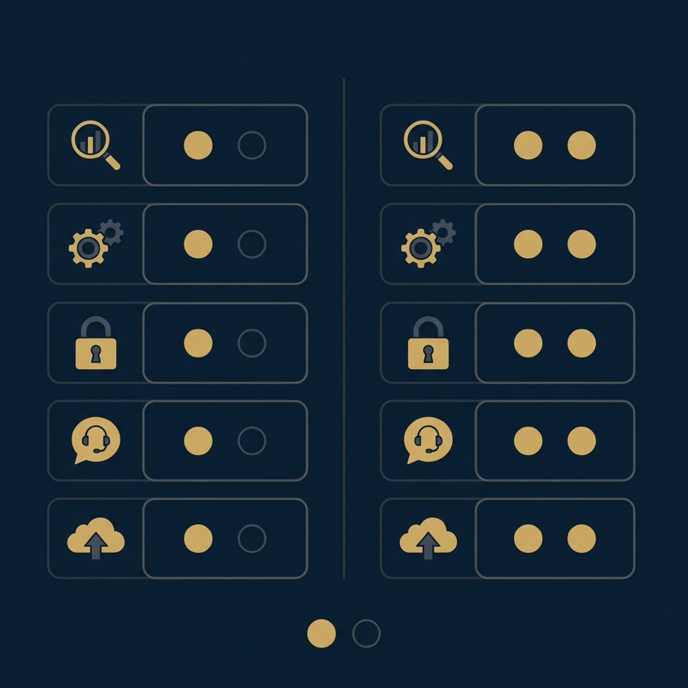 Minimal vector infographic comparing free features and paid modules using icons and availability indicators optimized for rankmath seo