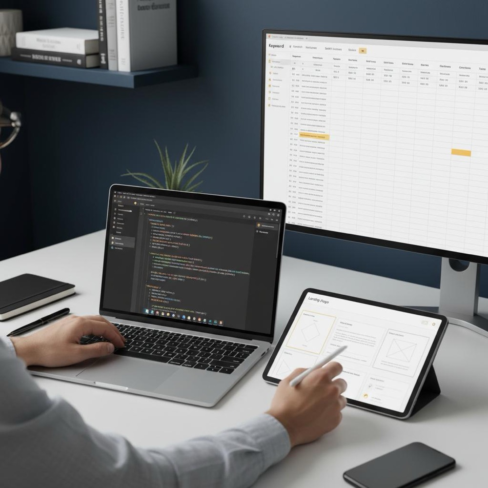 Minimalist developer workspace with laptop showing code, a spreadsheet and landing-page wireframe on a tablet, hands interacting, Orvus Ltd brand accents, programmatic SEO