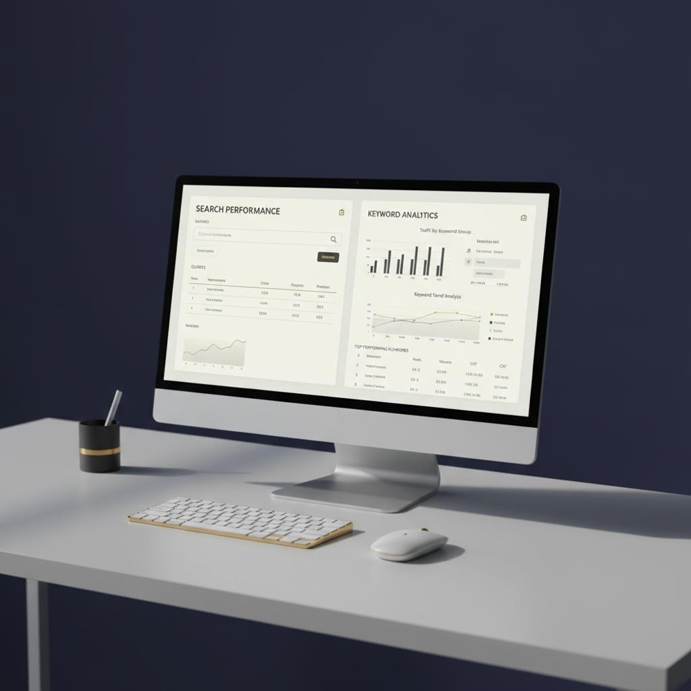 Minimalist workspace with large monitor displaying a search console and keyword dashboard for Semrush vs Google Keyword Planner comparison, dark blue background and gold accents