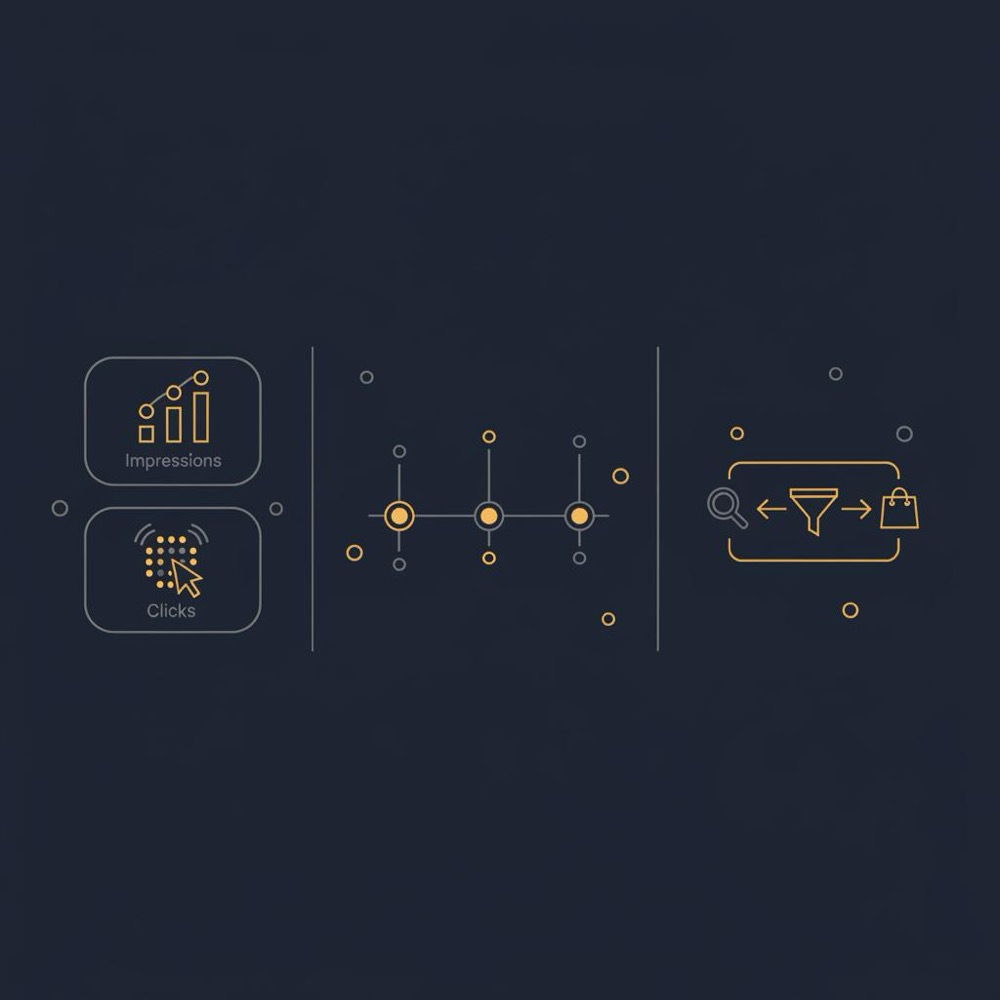 Minimal 2D vector infographic on dark navy background showing impressions and clicks icons, a rank-tracker timeline and a query-to-conversions flowchart in Orvus Ltd. colors to check website ranking
