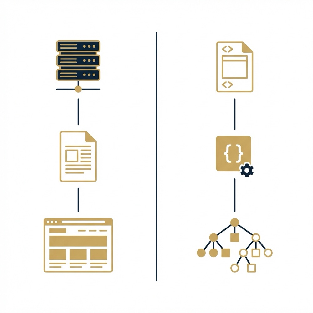 Minimal vector infographic comparing server rendered HTML and client rendered DOM for javascript seo side by side panels with server icons document browser and DOM tree no text