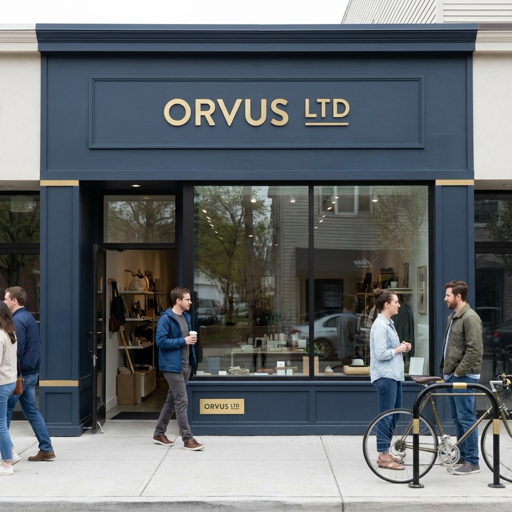 Realistic full frame storefront photo with visible sign and customers showing context for a local business profile seo google my business in Orvus Ltd colors background 0B1E33 accents C8A45D