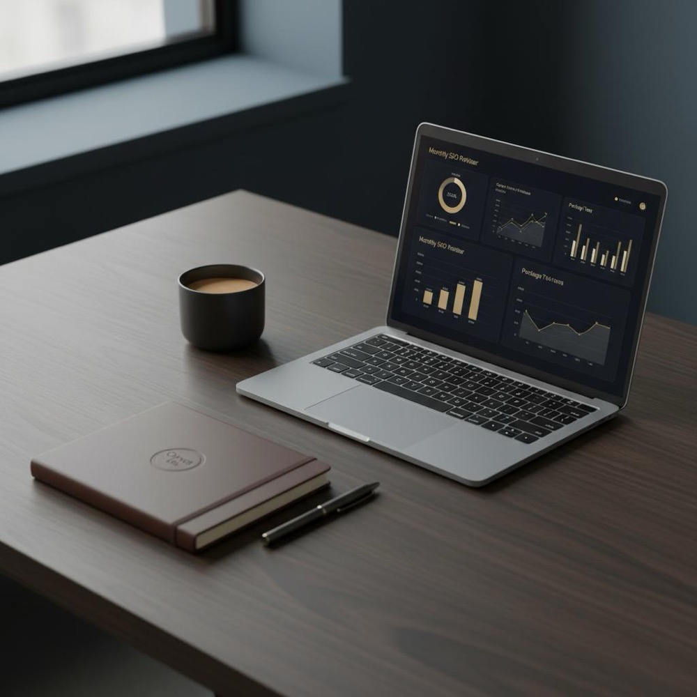 Minimal modern office desk with laptop showing analytics charts, notebook and coffee in Orvus Ltd. palette, focused on seo agency pricing