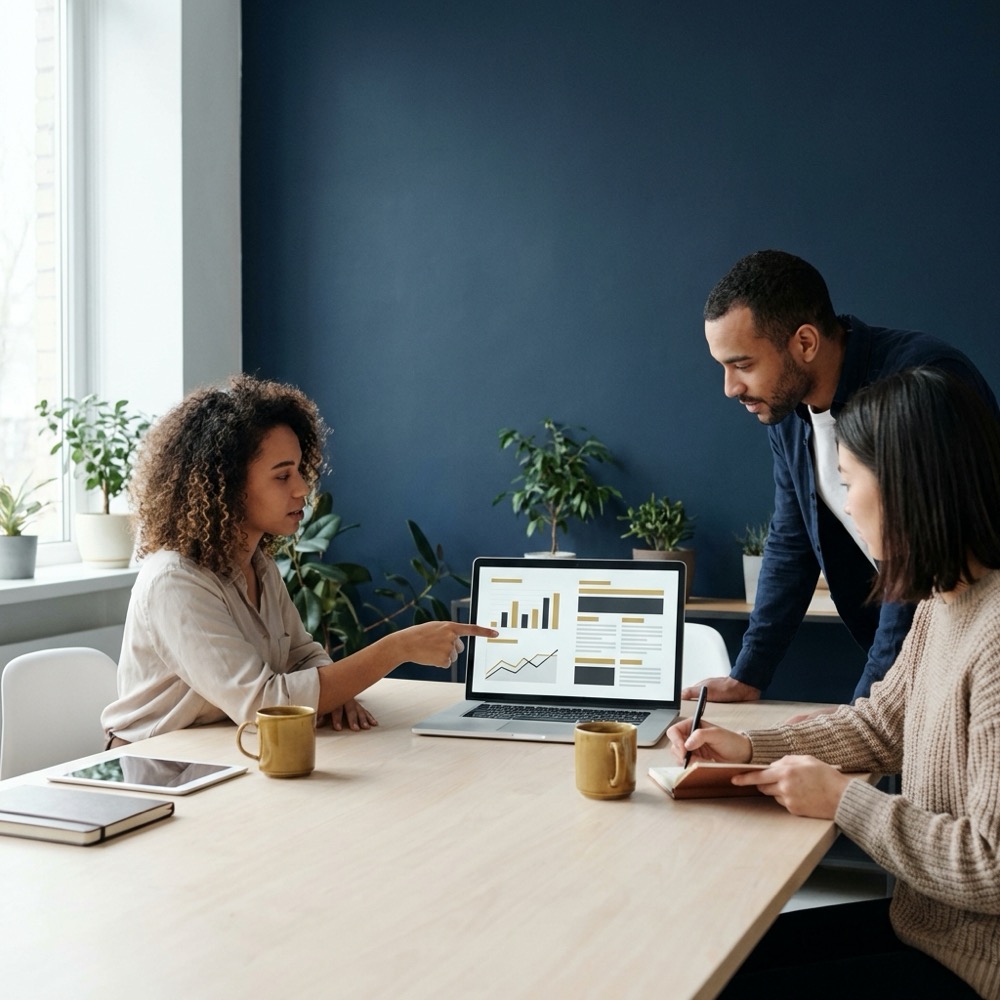 Small marketing team reviewing analytics and content outline on a laptop to improve search ranking in a clean navy and gold branded office setting