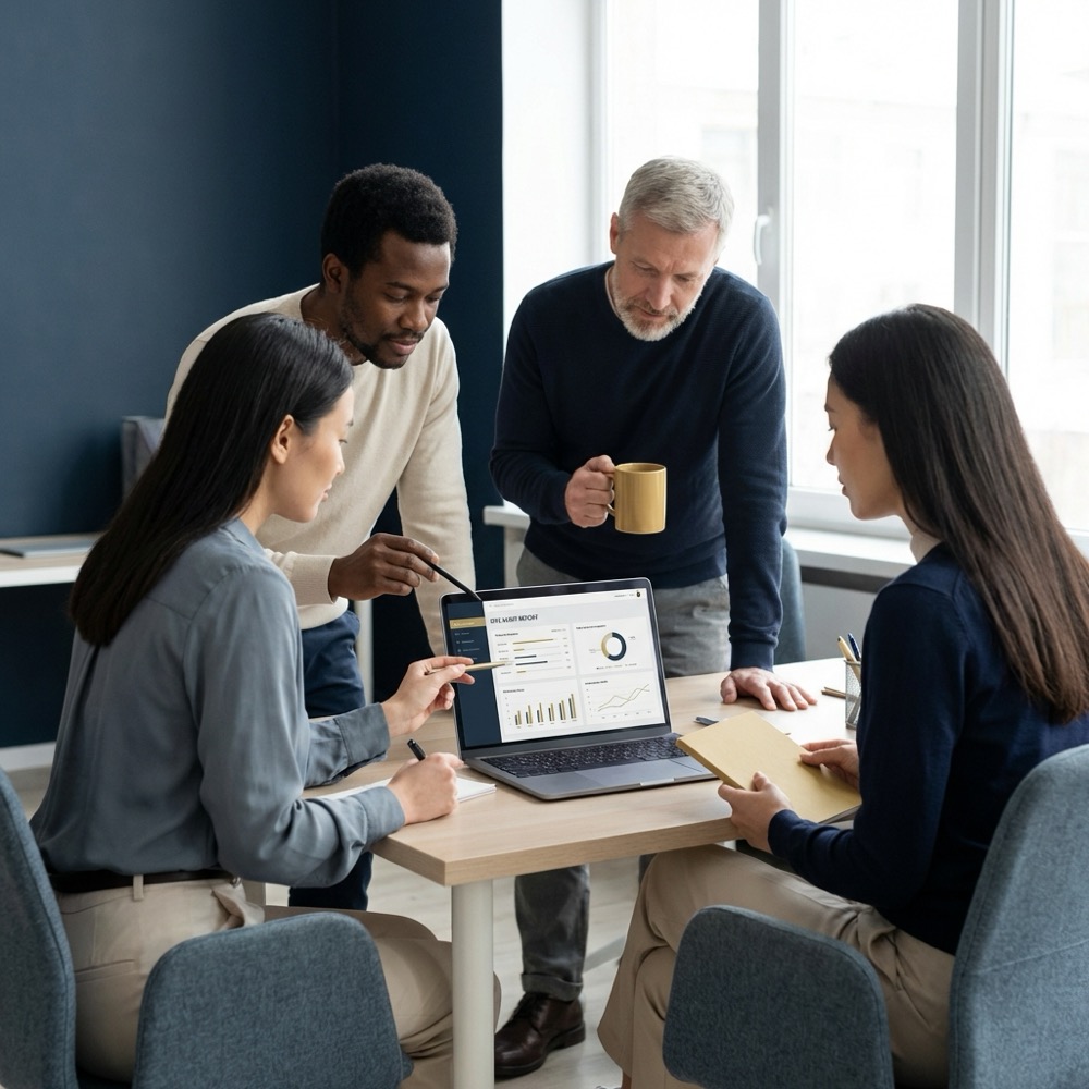 Small marketing team reviewing a site audit on a laptop in a minimalist navy office with warm gold accents seo organic