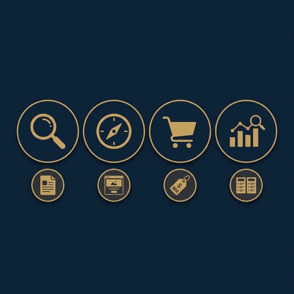 Minimal 2D vector infographic showing four search intent icons with matching content format icons for content marketing seo on dark navy Orvus Ltd background