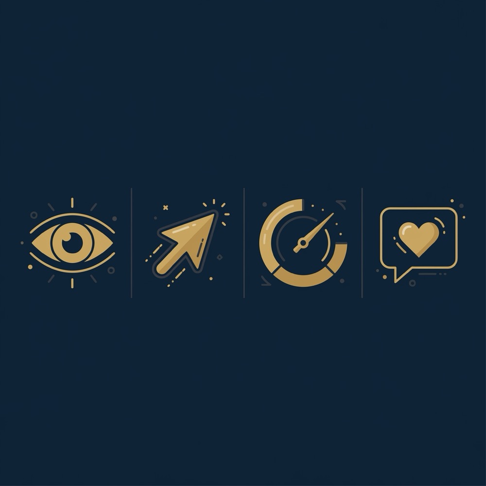 Minimal flat vector infographic with four icons eye cursor gauge chat representing impressions clicks CTR and engagement on dark navy background for seo content writing