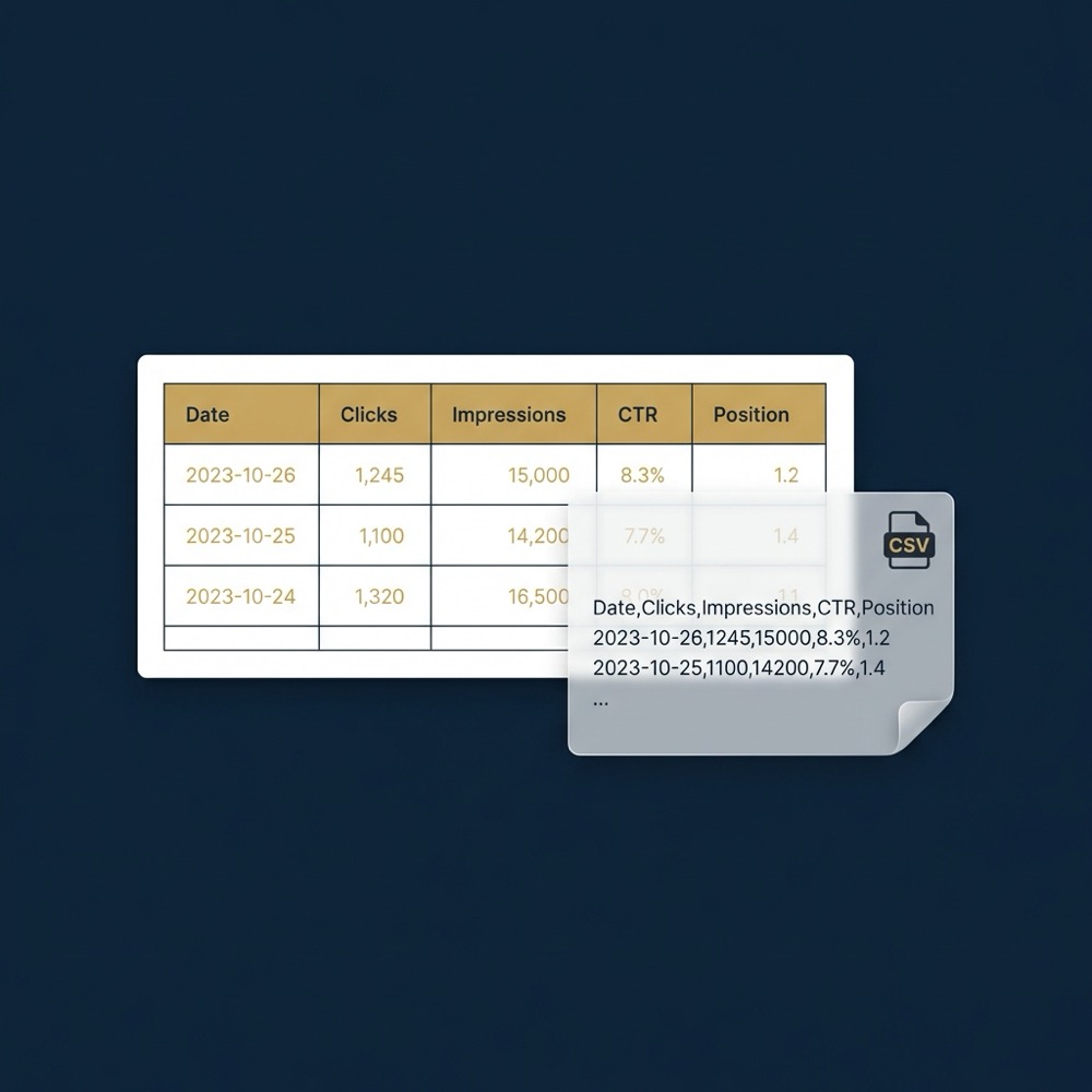 Screenshot style performance report export table with a CSV file motif showing website ranking on google data in minimalist Orvus navy and gold color scheme