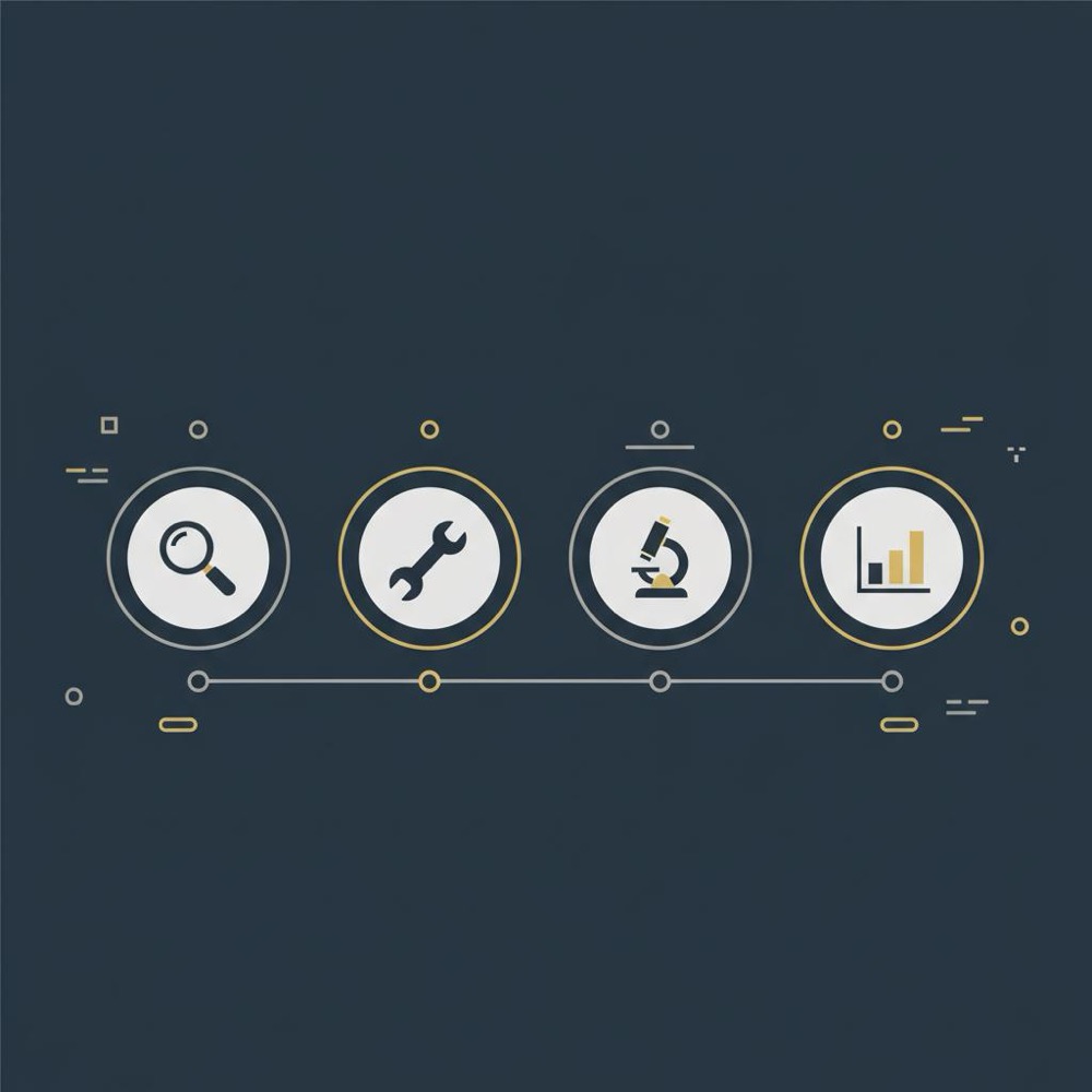 Minimal 30-90 day SEO roadmap infographic for SEO expert showing audit, fixes, tests and measurement as four vector icons in Orvus Ltd. brand colors