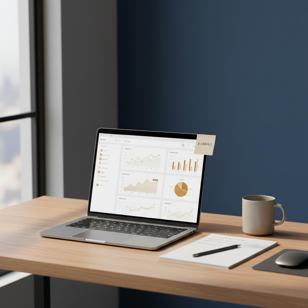 Minimalist modern workspace with laptop showing analytics dashboard and a notepad with a content outline, branded #C8A45D accents on sticky note and mug - SEO service
