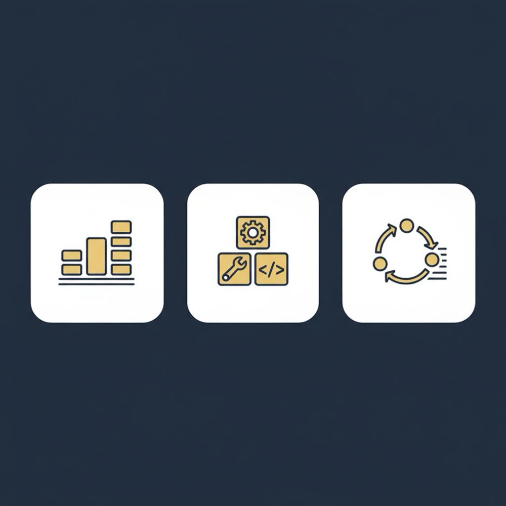 Minimal 2D vector infographic for SEO business showing three icon blocks representing pricing tiers, tools stack and workflow rhythm on deep navy background
