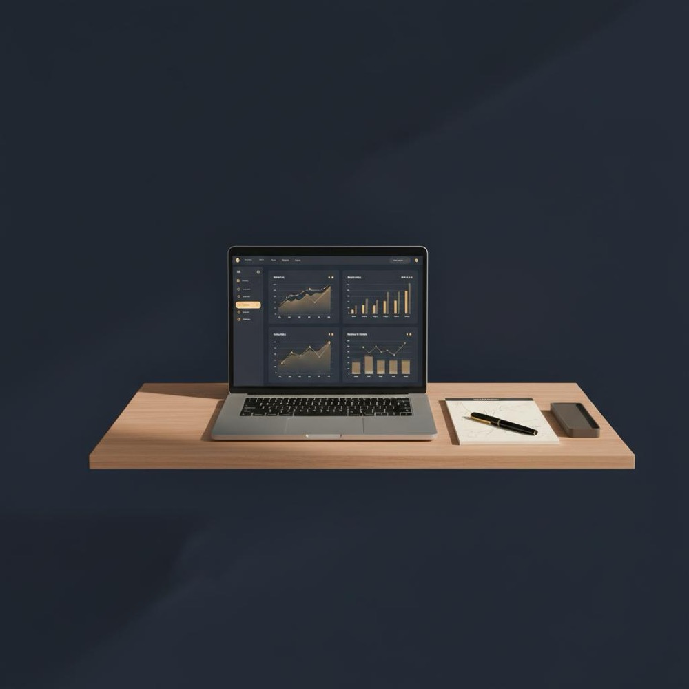 Minimal editorial workspace with laptop showing analytics charts and a notepad of keyword ideas, natural lighting; how to get 1000 views per day on a blog
