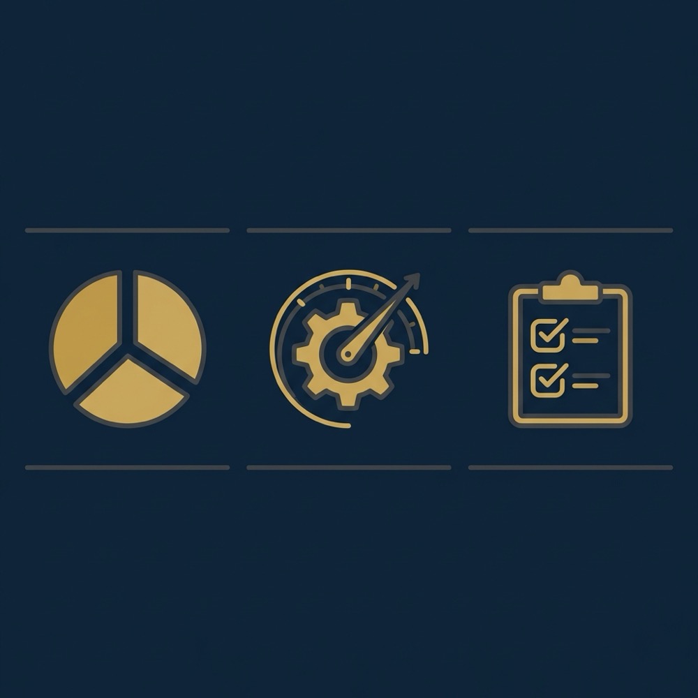 Minimal 2D vector infographic showing segmentation icon rpm calculation gear and testing checklist on navy background for seo blogging