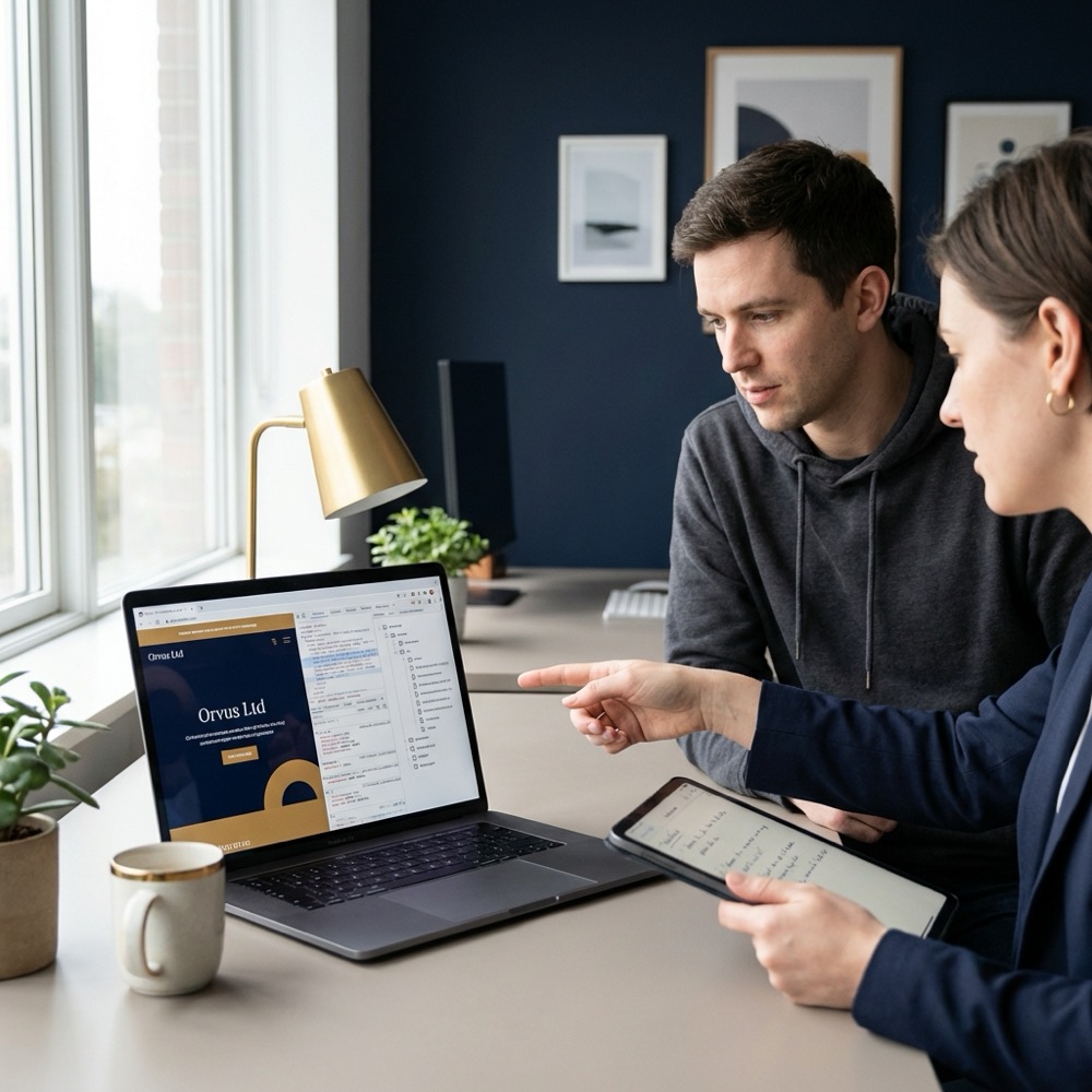 cms seo developer and content editor reviewing webpage rendering on laptop with browser console and sitemap visible against navy background 0B1E33 with gold accents C8A45D