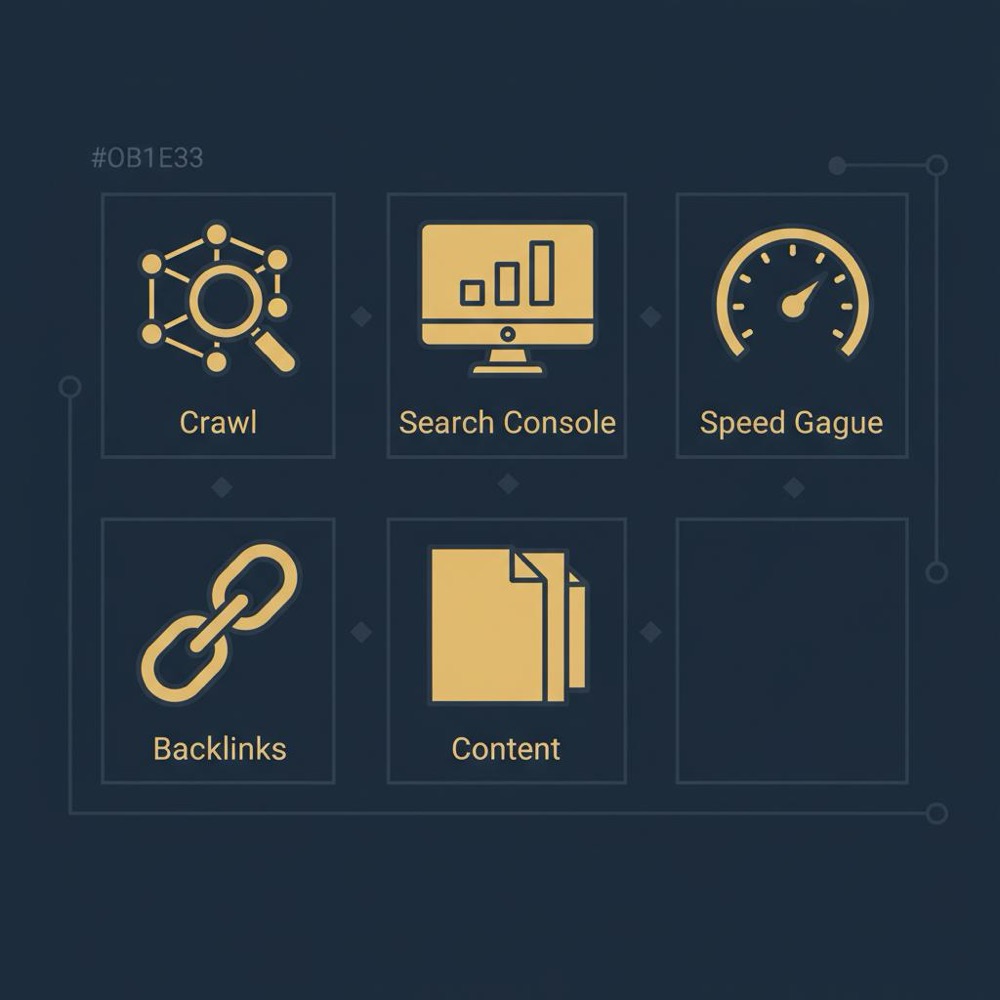 Flat vector infographic of icons for crawl, search console, speed gauge, backlinks and content on a navy background - how do i know if a website has seo