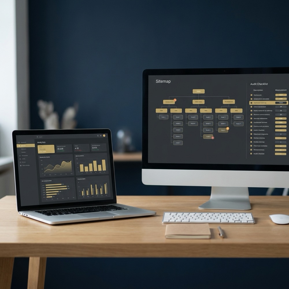 Minimalist desk with laptop analytics and a second monitor showing a sitemap and technical checklist illustrating organic search engine optimization measurement and technical checks